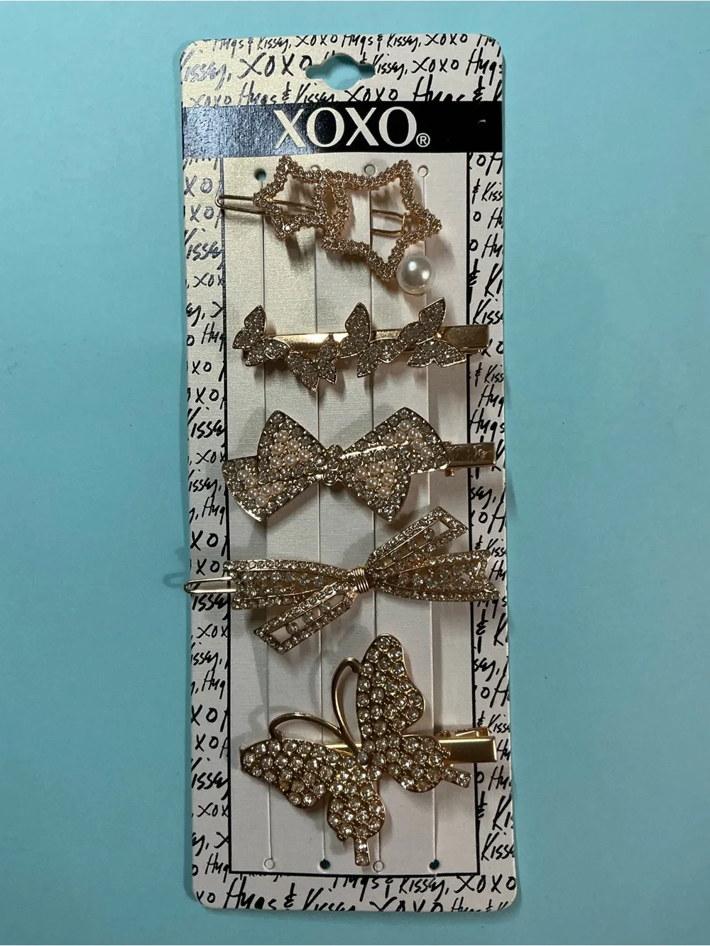 XOXO Gold Rhinestone Butterfly Stars & Bow Hair Clip Set of 5